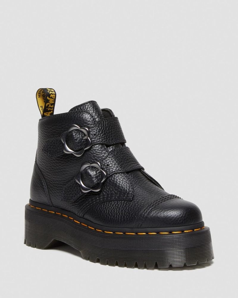 Dr Martin Martens Devon Flower Buckle Leather Platform Boots (Milled Nappa) Platforms Boots Black | KS27-G4RM