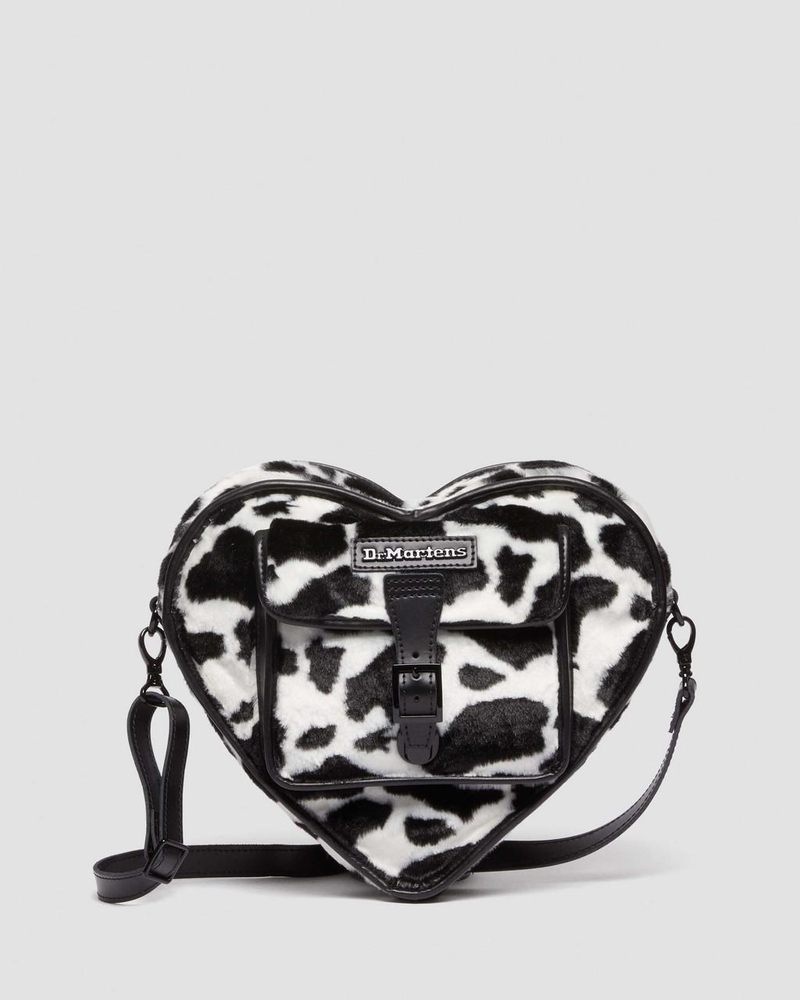 Dr Martin Martens Heart Shaped Faux Fur Cow Print Backpack (Cow Print + Kiev) Bags & Backpacks Black+White | CO47-Z0ZP