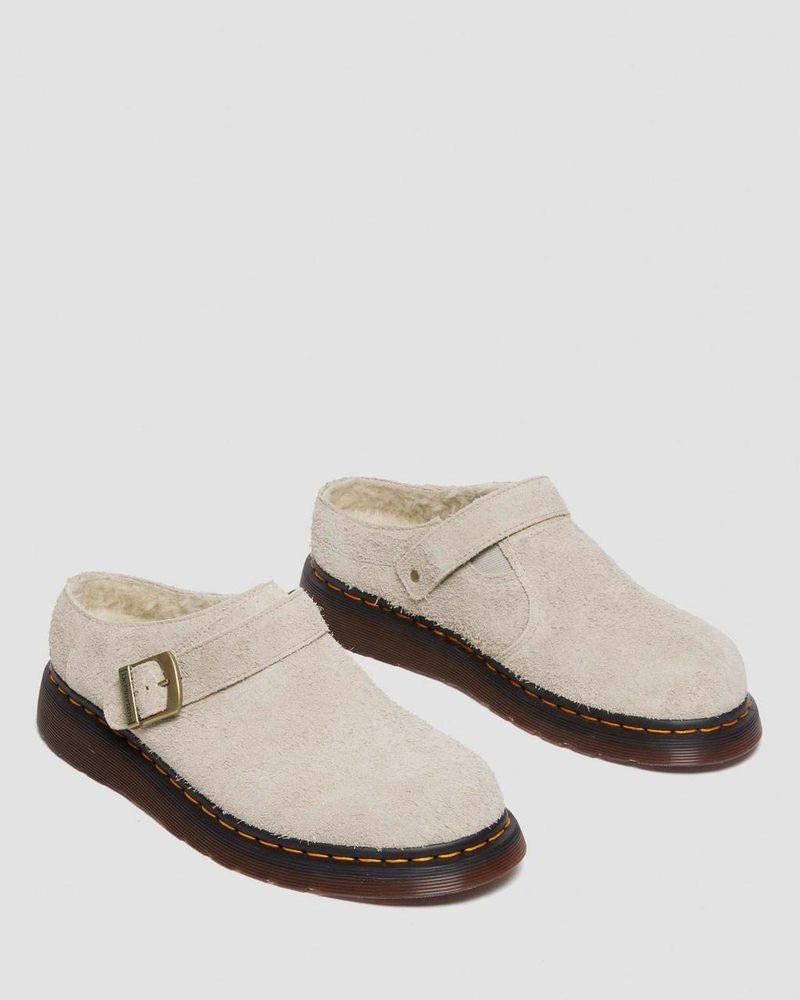 Dr Martin Martens Isham Faux Shearling Lined Suede Slingback Mules (Long Napped Suede) Sandals Vintage Taupe | GQ68-V6PW