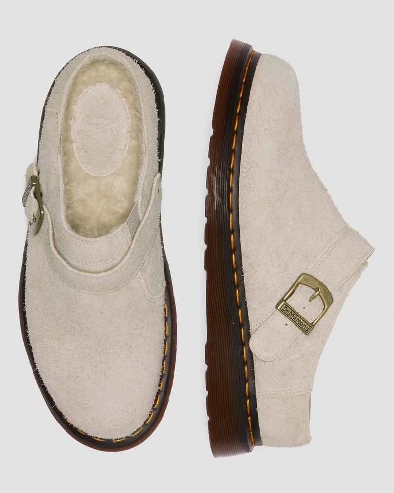 Dr Martin Martens Isham Faux Shearling Lined Suede Slingback Mules (Long Napped Suede) Sandals Vintage Taupe | GQ68-V6PW