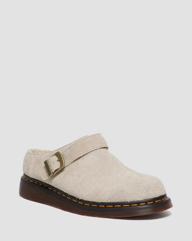 Dr Martin Martens Isham Faux Shearling Lined Suede Slingback Mules (Long Napped Suede) Sandals Vintage Taupe | GQ68-V6PW