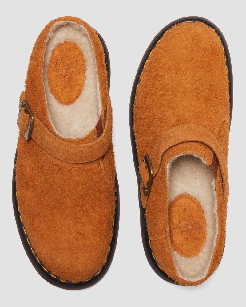 Dr Martin Martens Isham Faux Shearling Lined Suede Slingback Mules (Long Napped Suede) Sandals Pecan Brown | MR50-T8XF