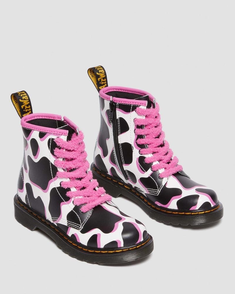 Dr Martin Martens Junior 1460 Cow Print Patent Leather Lace Up Boots (Cow Print Patent Lamper) Boots White | EN32-K8OM