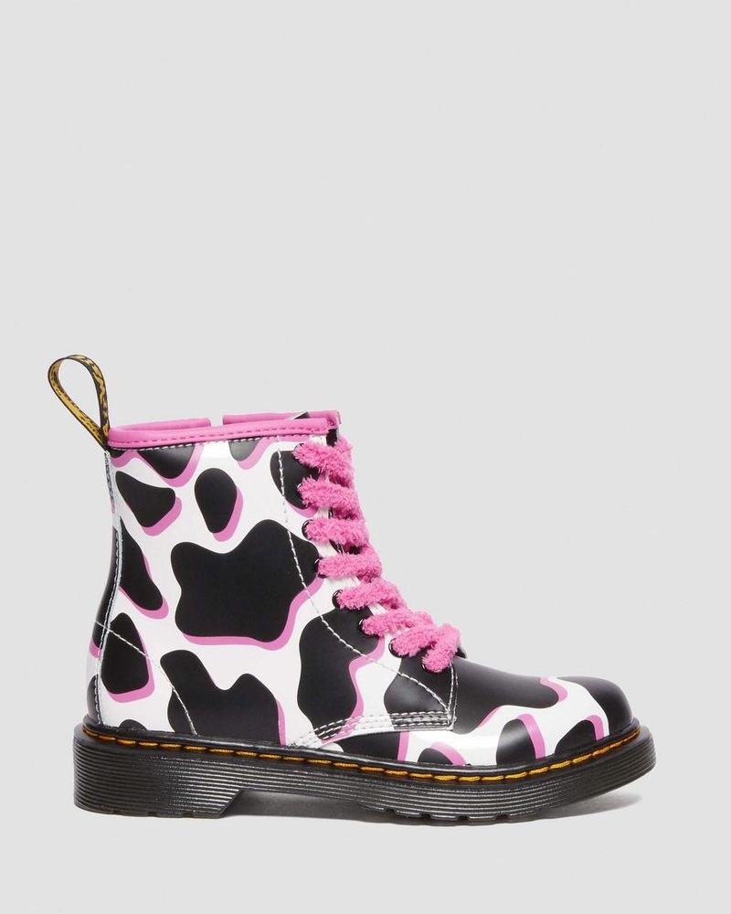 Dr Martin Martens Junior 1460 Cow Print Patent Leather Lace Up Boots (Cow Print Patent Lamper) Boots White | EN32-K8OM