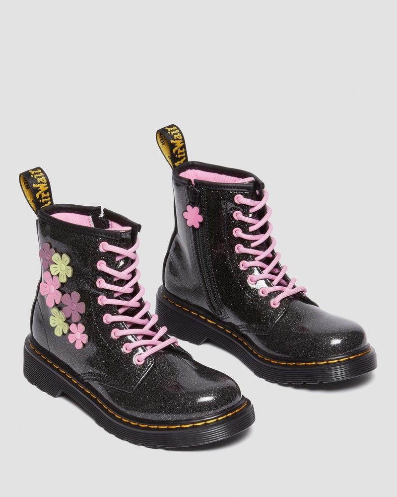 Dr Martin Martens Junior 1460 Glitter & Flower Applique Lace Up Boots (Coated Glitter Pu+Athena) Boots Black+Multi | YH25-J3SP