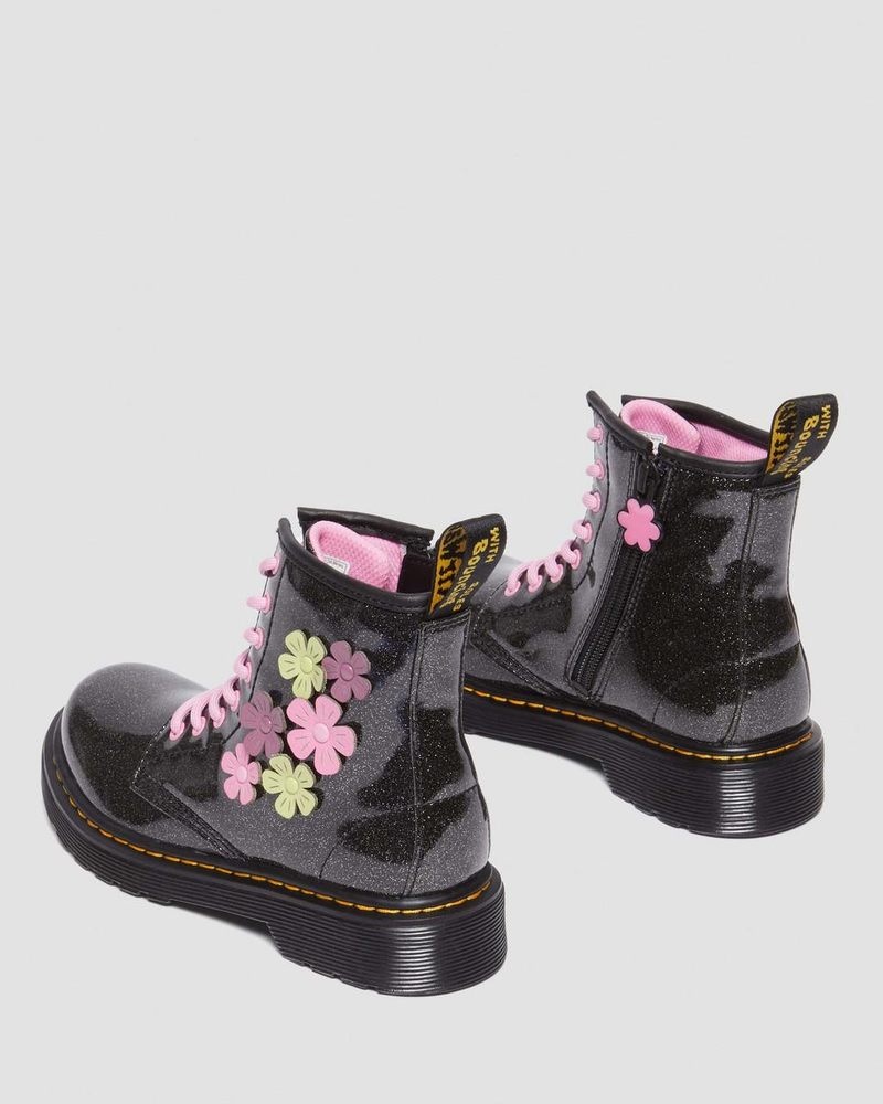 Dr Martin Martens Junior 1460 Glitter & Flower Applique Lace Up Boots (Coated Glitter Pu+Athena) Boots Black+Multi | YH25-J3SP