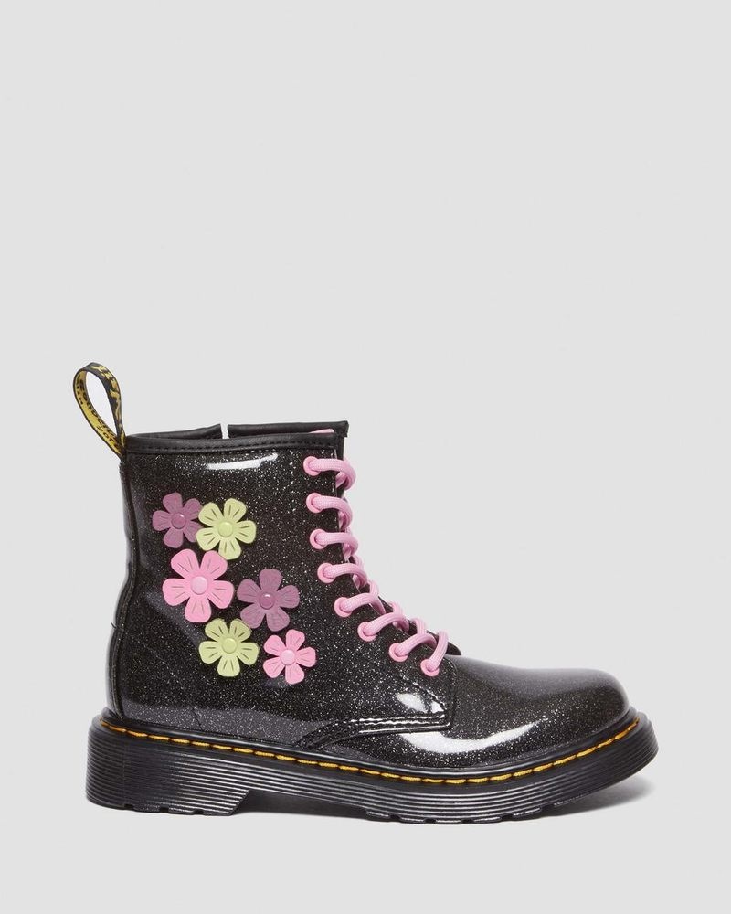 Dr Martin Martens Junior 1460 Glitter & Flower Applique Lace Up Boots (Coated Glitter Pu+Athena) Boots Black+Multi | YH25-J3SP