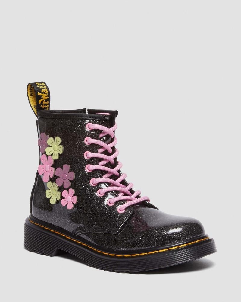 Dr Martin Martens Junior 1460 Glitter & Flower Applique Lace Up Boots (Coated Glitter Pu+Athena) Boots Black+Multi | YH25-J3SP