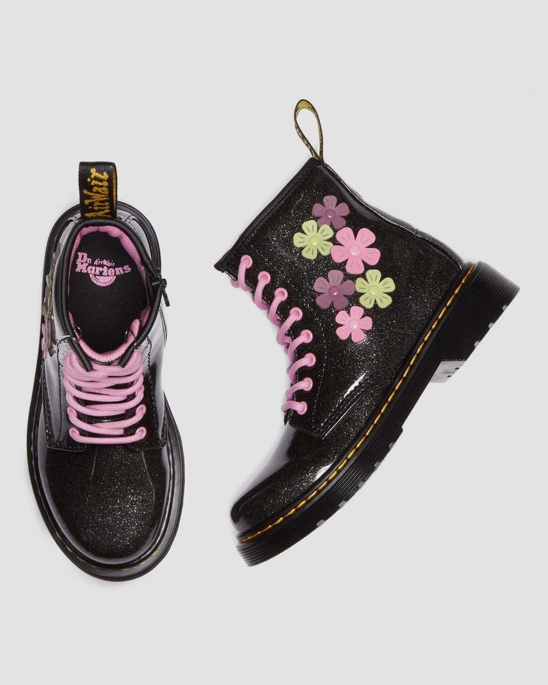 Dr Martin Martens Junior 1460 Glitter & Flower Applique Lace Up Boots (Coated Glitter Pu+Athena) Shoes Black / Multi | GP19-V4NC