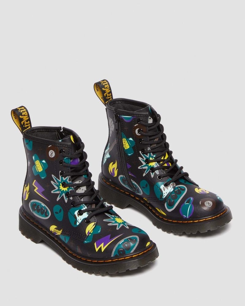 Dr Martin Martens Junior 1460 Sticker Print Leather Lace Up Boots (Sticker Print Hydro) Boots Black | UF34-G6UT