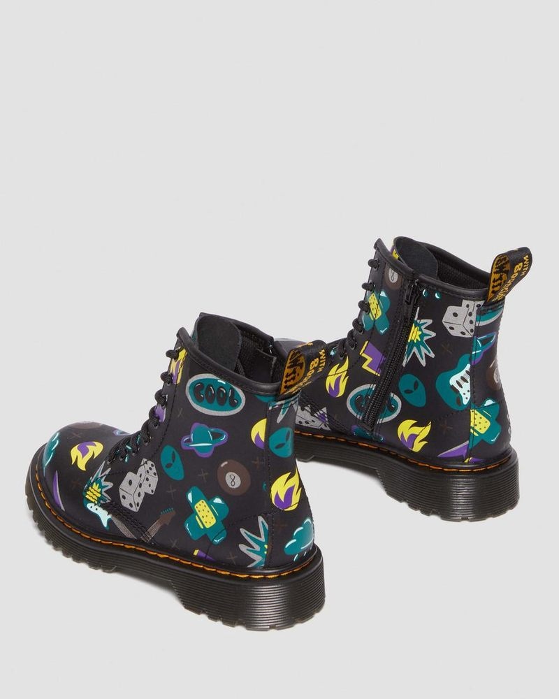 Dr Martin Martens Junior 1460 Sticker Print Leather Lace Up Boots (Sticker Print Hydro) Boots Black | UF34-G6UT