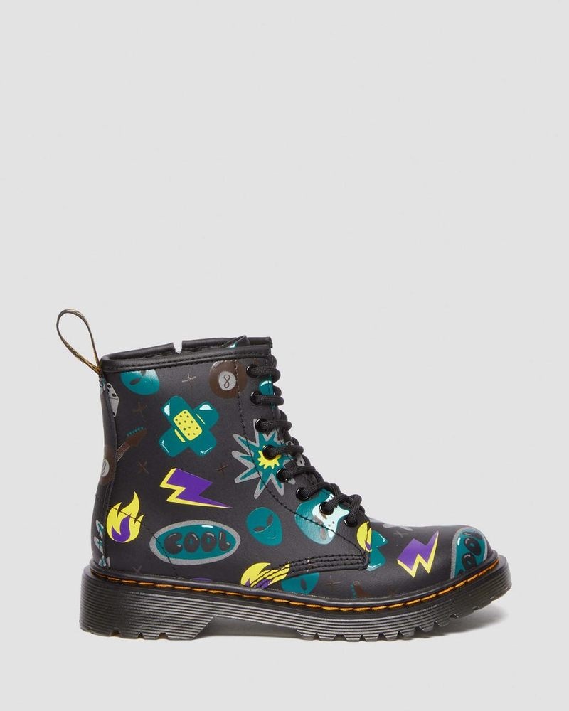 Dr Martin Martens Junior 1460 Sticker Print Leather Lace Up Boots (Sticker Print Hydro) Boots Black | UF34-G6UT