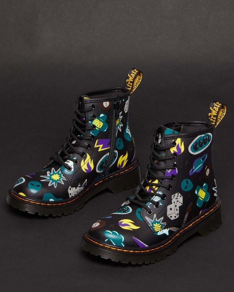 Dr Martin Martens Junior 1460 Sticker Print Leather Lace Up Boots (Sticker Print Hydro) Boots Black | UF34-G6UT