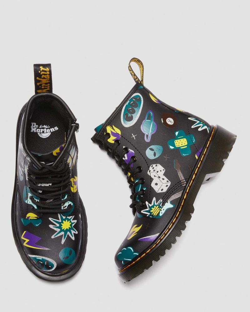 Dr Martin Martens Junior 1460 Sticker Print Leather Lace Up Boots (Sticker Print Hydro) Boots Black | UF34-G6UT