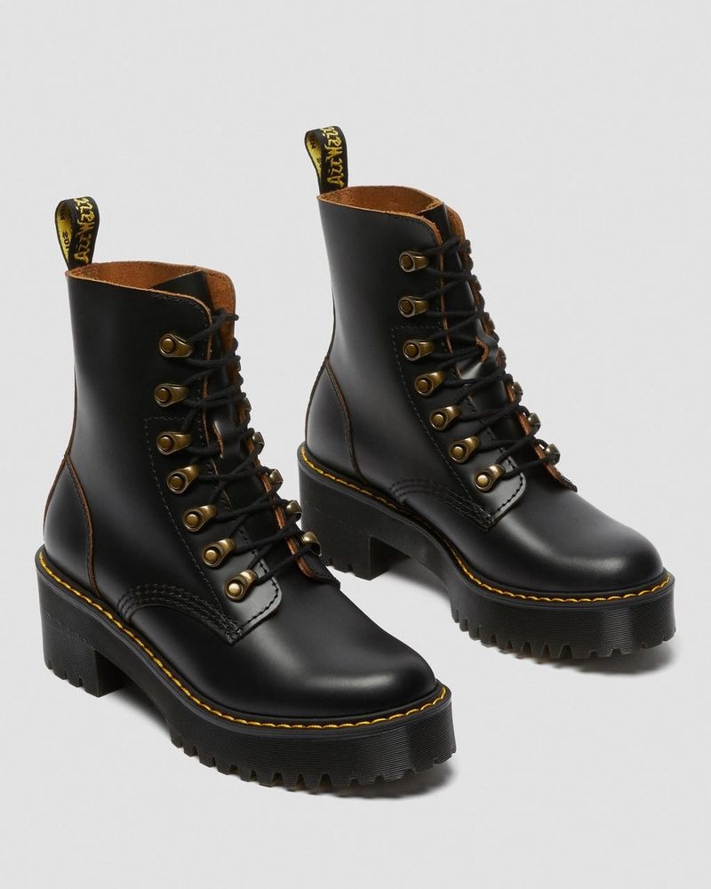 Dr Martin Martens Leona - Vintage Smooth Leather Heeled Boots (Vintage Smooth) Boots Black | CG51-Z0AD