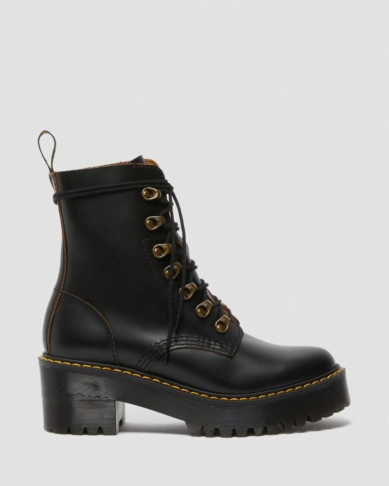 Dr Martin Martens Leona - Vintage Smooth Leather Heeled Boots (Vintage Smooth) Boots Black | CG51-Z0AD