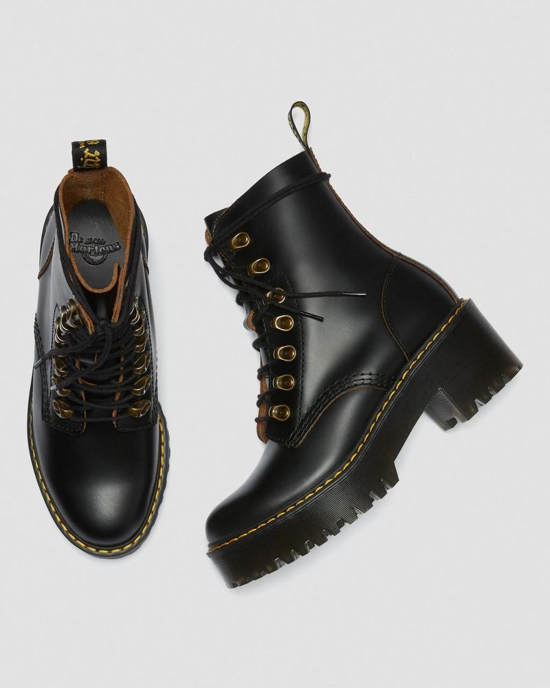 Dr Martin Martens Leona - Vintage Smooth Leather Heeled Boots (Vintage Smooth) Boots Black | CG51-Z0AD