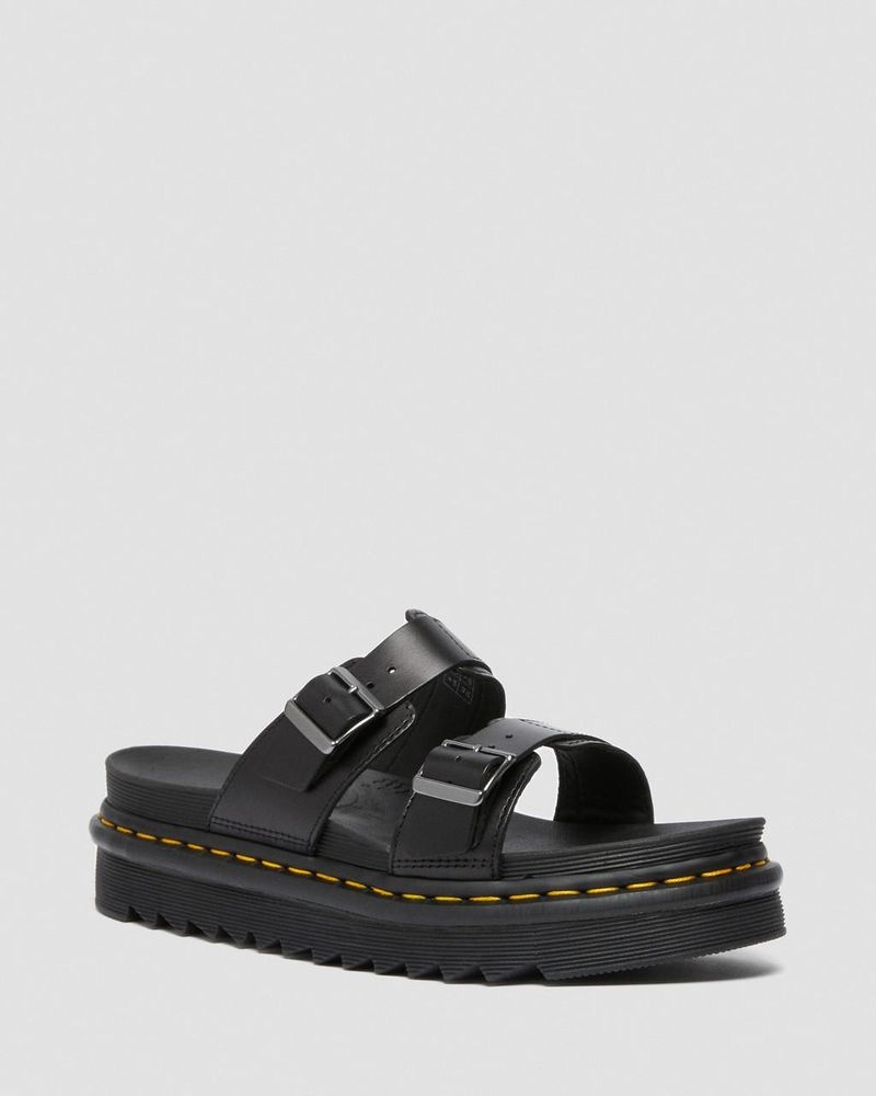 Dr Martin Martens Myles Brando Leather Buckle Slide Sandals (Brando) Platforms Sandals Black | OQ14-Y8IE