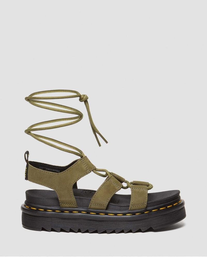 Dr Martin Martens Nartilla Tumbled Nubuck Leather Gladiator Sandals (Tumbled Nubuck) Platforms Sandals Muted Olive | LZ31-C9DW