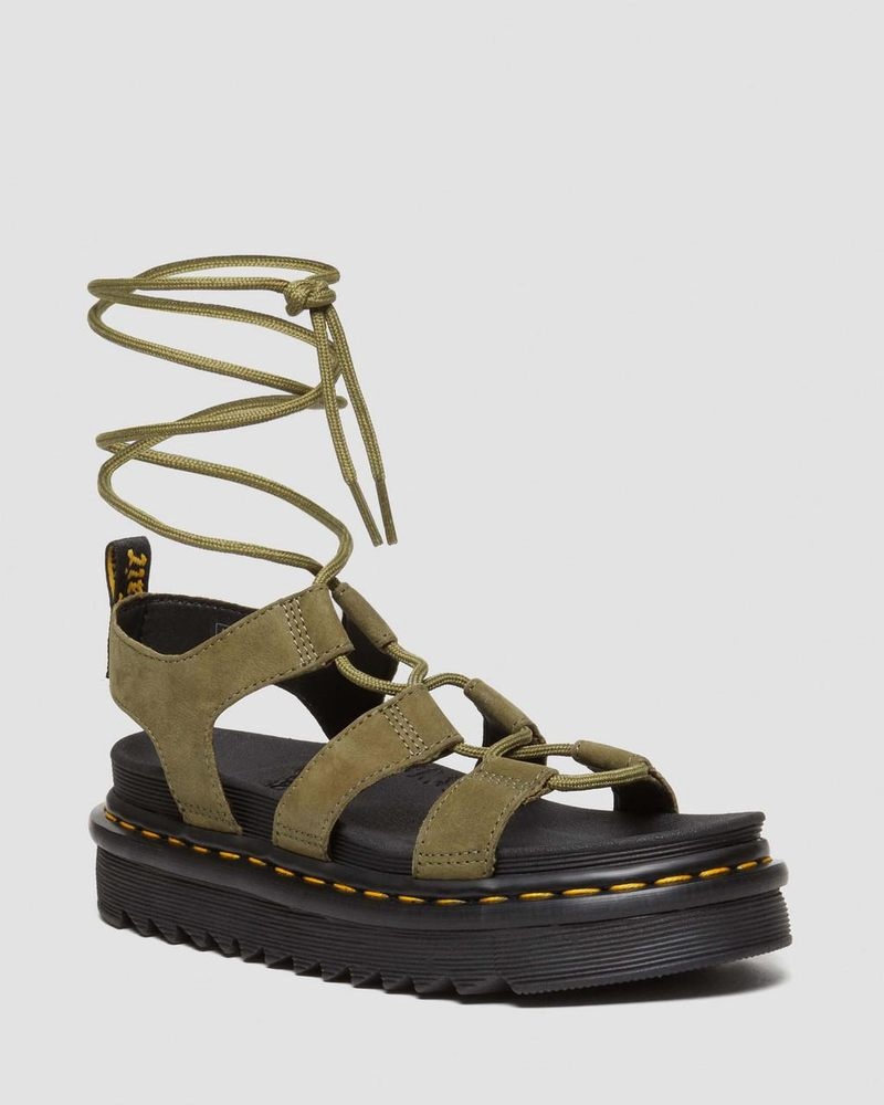 Dr Martin Martens Nartilla Tumbled Nubuck Leather Gladiator Sandals (Tumbled Nubuck) Platforms Sandals Muted Olive | LZ31-C9DW