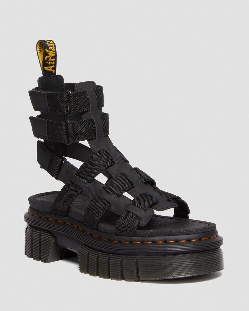 Dr Martin Martens Ricki Leather Platform Gladiator Sandals (Ajax+Extra Tough 50/50) Sandals Black | XA41-Z6UV