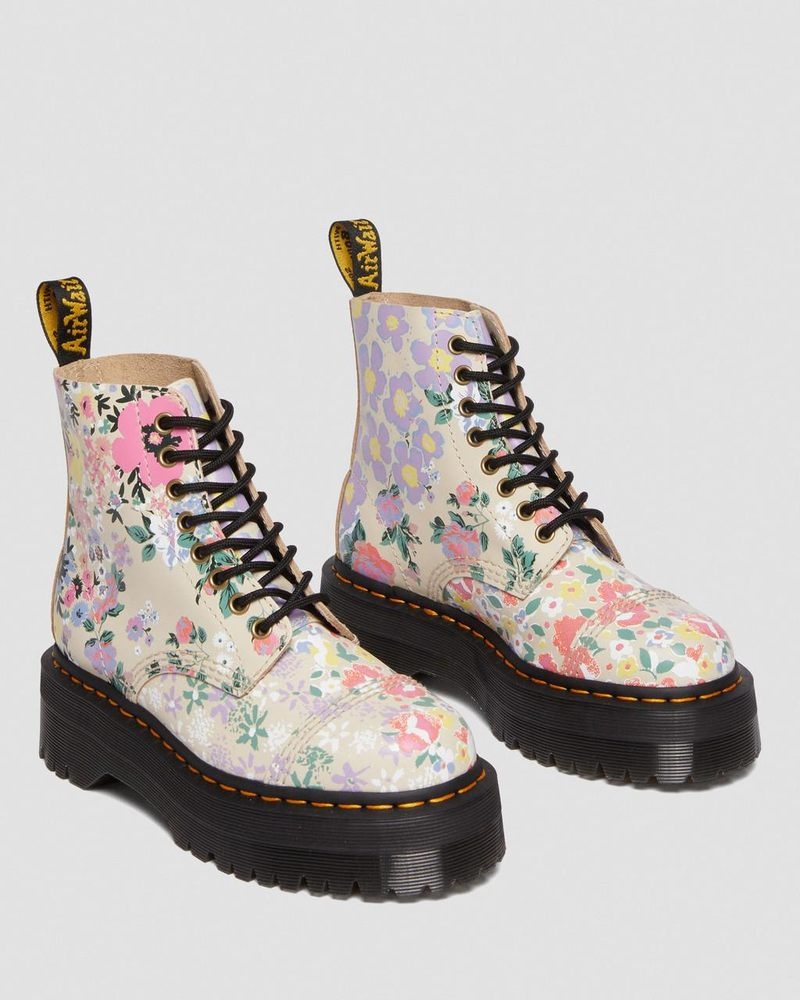 Dr Martin Martens Sinclair Floral Mash Up Leather Platform Boots (Backhand) Platforms Boots Parchment Beige | ZY66-O6WP