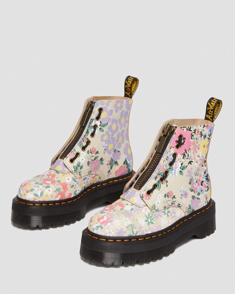 Dr Martin Martens Sinclair Floral Mash Up Leather Platform Boots (Backhand) Platforms Boots Parchment Beige | ZY66-O6WP