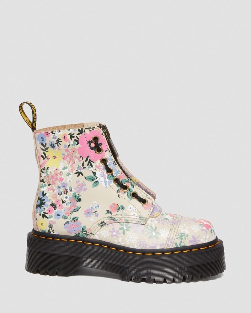 Dr Martin Martens Sinclair Floral Mash Up Leather Platform Boots (Backhand) Platforms Boots Parchment Beige | ZY66-O6WP