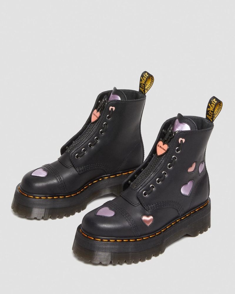 Dr Martin Martens Sinclair Leather Heart Platform Boots (Lapstone+Satin Lux) Platforms Boots Black | FO67-X8LD