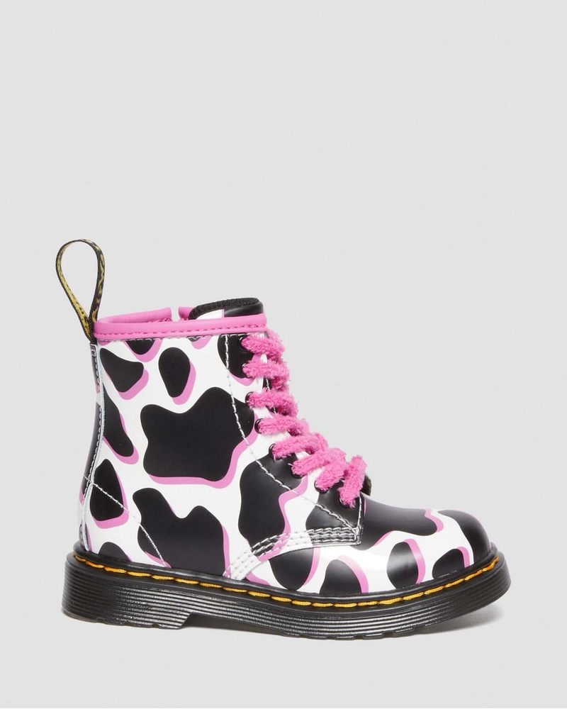 Dr Martin Martens Toddler 1460 Cow Print Patent Leather Lace Up Boots (Cow Print Patent Lamper) Boots White | RE50-F6ME