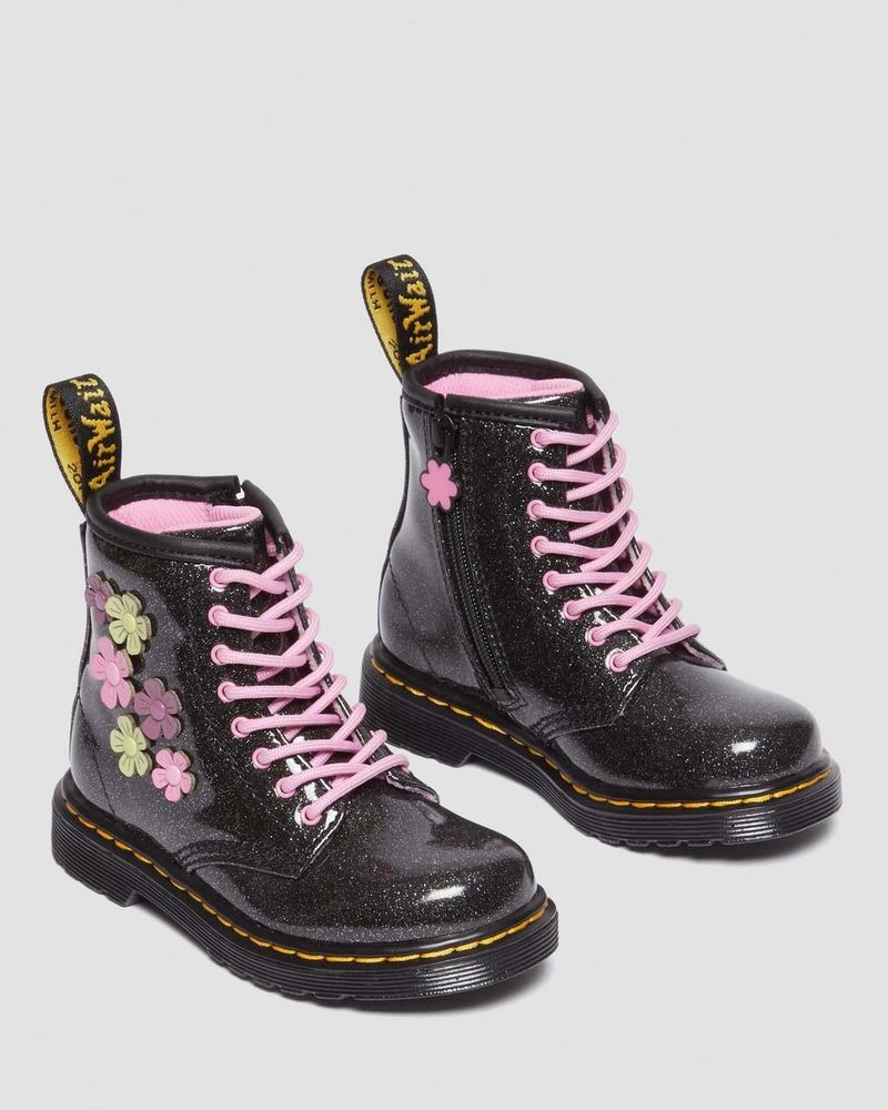 Dr Martin Martens Toddler 1460 Glitter & Flower Applique Lace Up Boots (Coated Glitter Pu+Athena) Boots Black+Multi | OZ01-F9RA