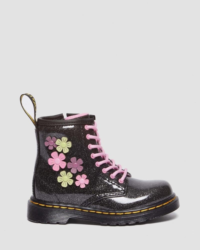 Dr Martin Martens Toddler 1460 Glitter & Flower Applique Lace Up Boots (Coated Glitter Pu+Athena) Boots Black+Multi | OZ01-F9RA