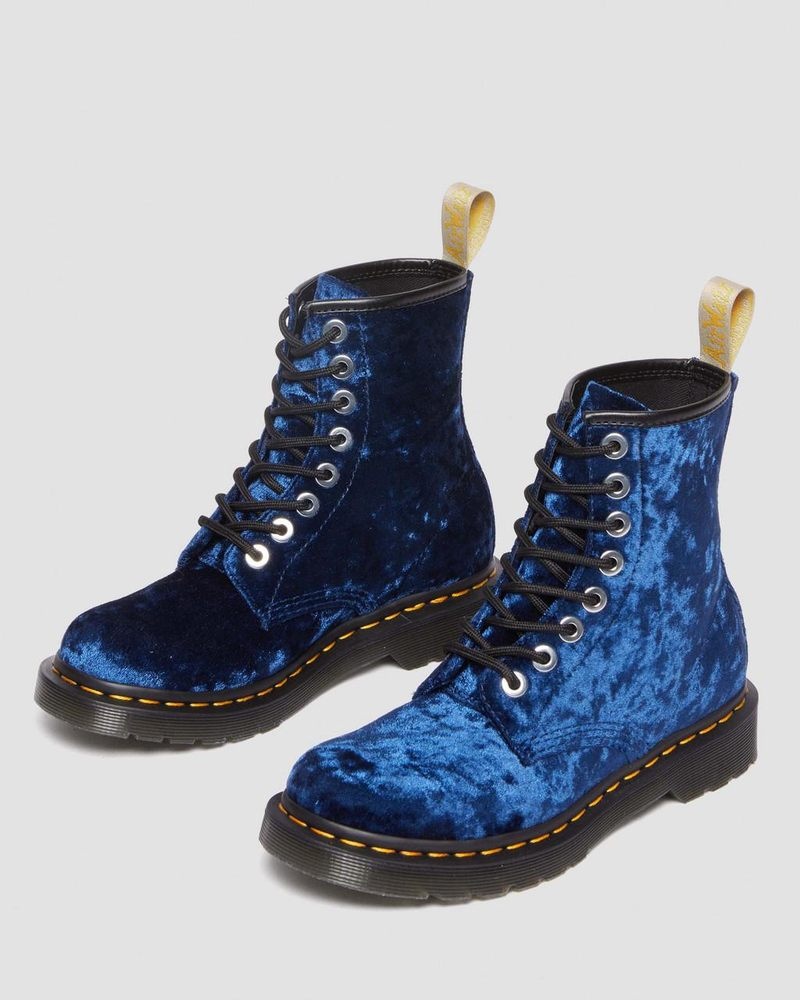 Dr Martin Martens Vegan 1460 - Crushed Velvet Lace Up Boots (Crushed Velvet) Boots Deep Blue | PK14-P5HX