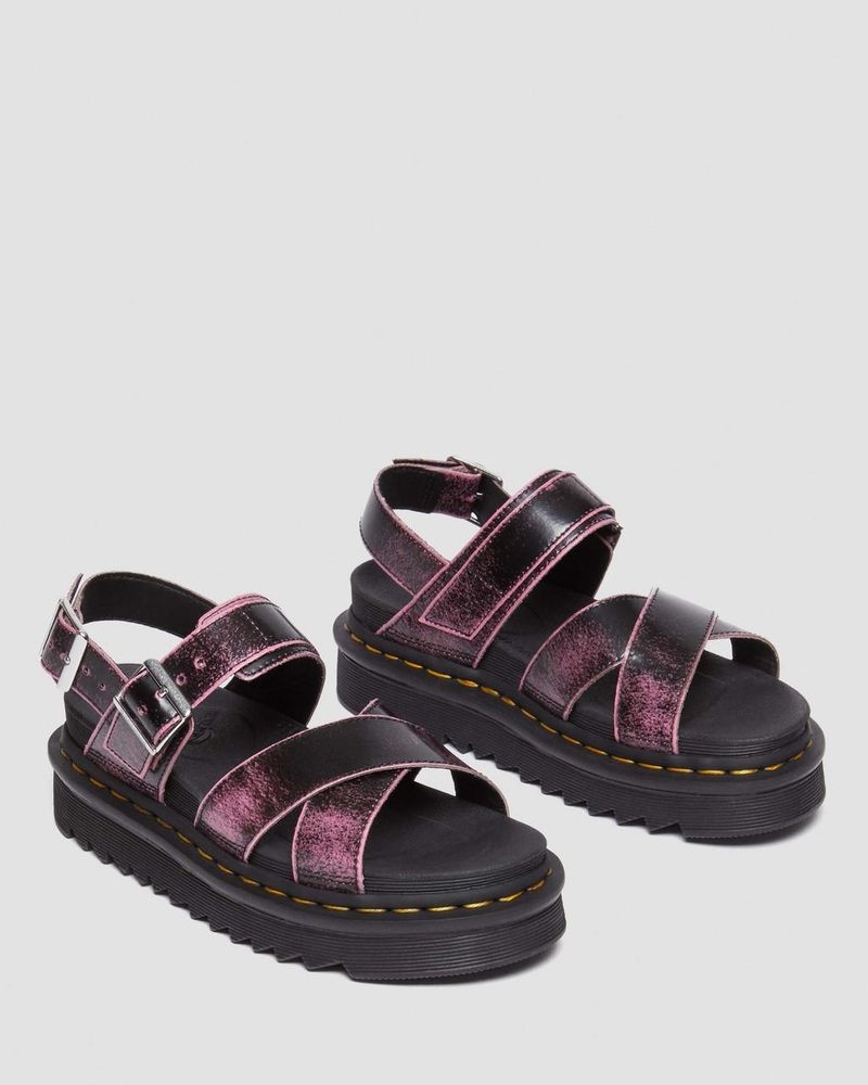 Dr Martin Martens Voss II Distressed Leather Platform Sandals (Two Tone Rub Off) Platforms Sandals Black / Fondant Pink | PL51-Q4BF