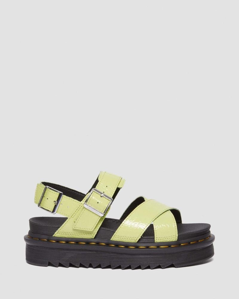 Dr Martin Martens Voss II Distressed Patent Leather Sandals (Distressed Patent) Platforms Sandals Lime Green | UB99-O2NJ