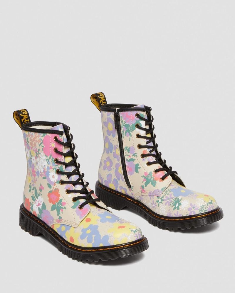 Dr Martin Martens Youth 1460 Floral Mash Up Leather Lace Up Boots (Floral Mash Up K Hydro) Boots Parchment Beige | OE47-E1UP