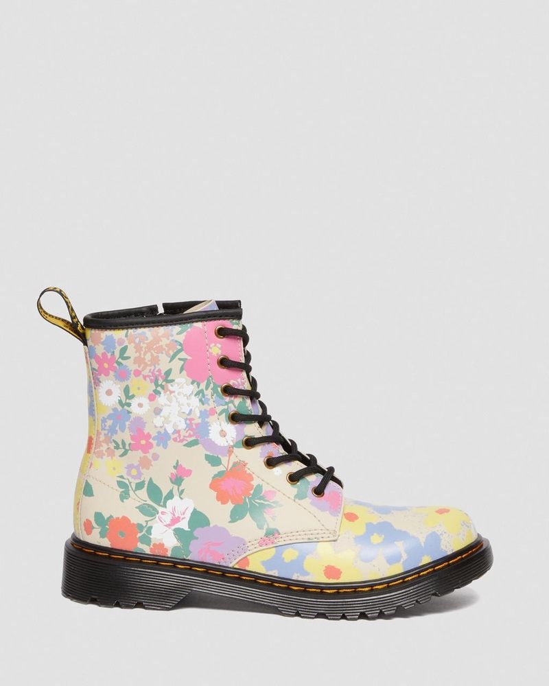 Dr Martin Martens Youth 1460 Floral Mash Up Leather Lace Up Boots (Floral Mash Up K Hydro) Boots Parchment Beige | OE47-E1UP