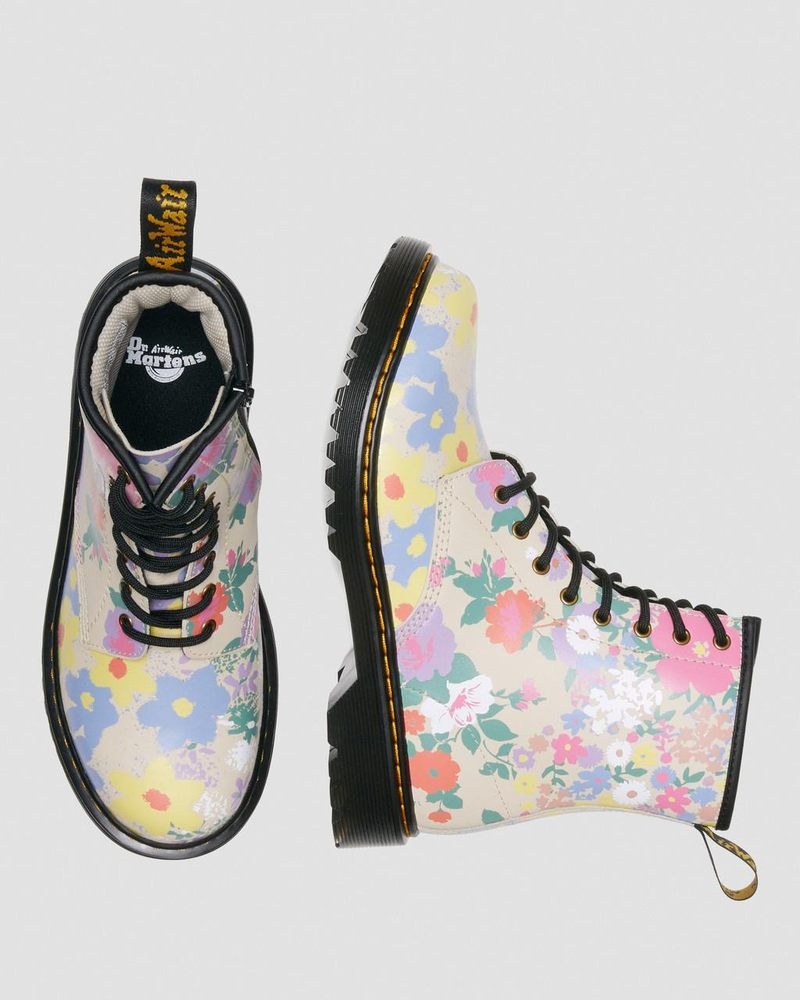 Dr Martin Martens Youth 1460 Floral Mash Up Leather Lace Up Boots (Floral Mash Up K Hydro) Boots Parchment Beige | OE47-E1UP